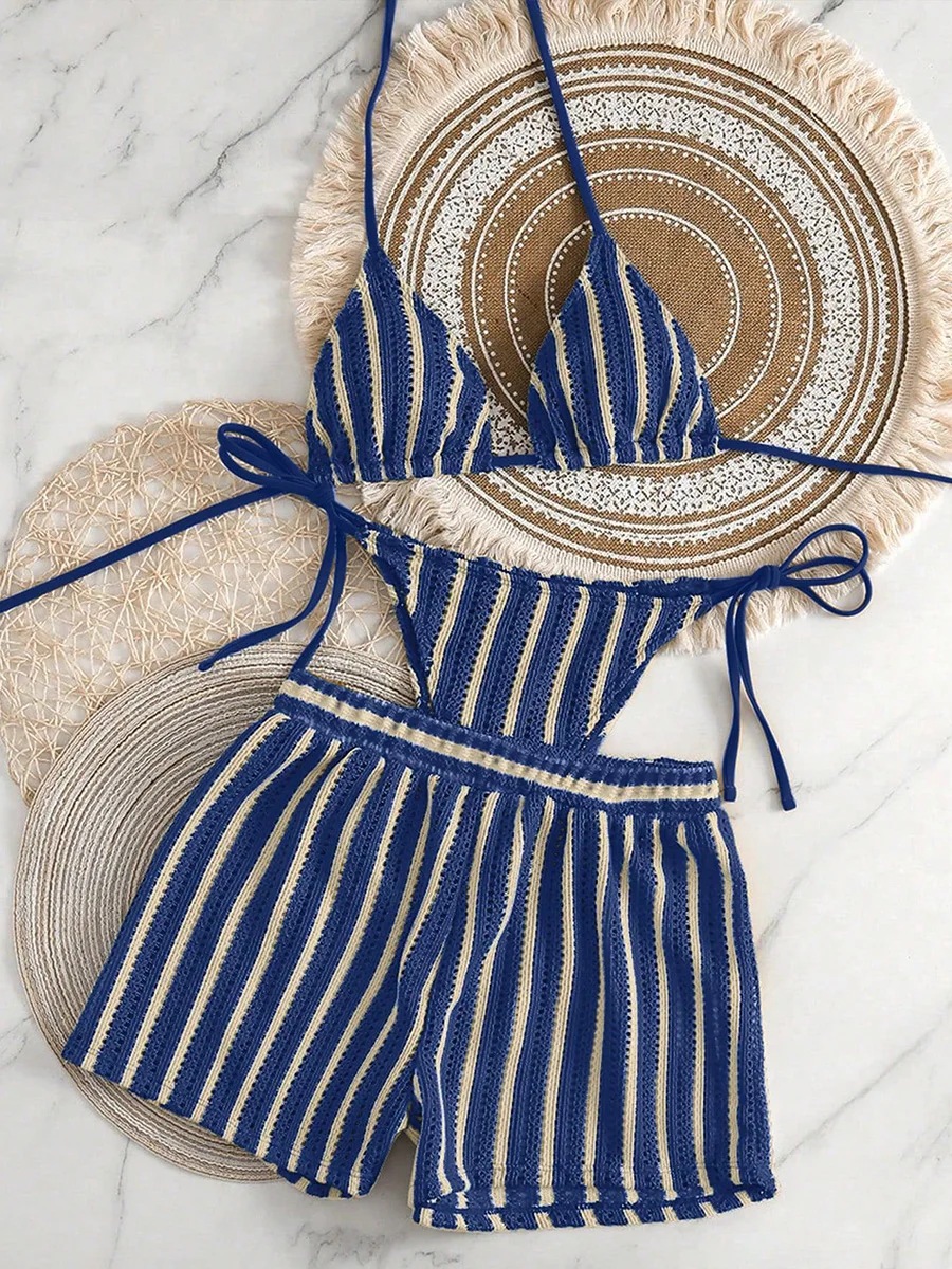 3 шт. с шортами в полоску с лямкой на шее, ажурное бикини, женский купальник, женский купальник, комплект бикини из трех частей, купальный костюм, пляжная одежда для плавания