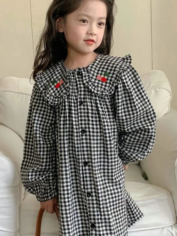 プリンセススタイルチェック柄チェリープリントドレス女の子のための春秋綿長袖服韓国語版キッズファッション