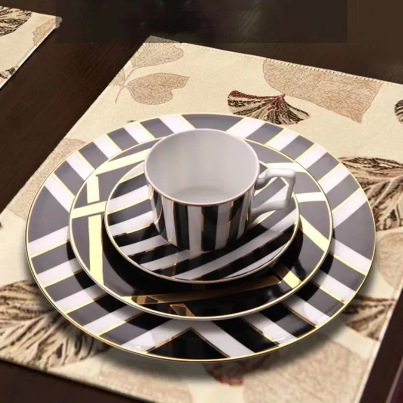 Stripe Gilt Rim Ceramics Plate Fruit Tray Cake Dish Western Steak Dinnerware Coffee Cup Saucer With Gift Box For Hotel Household