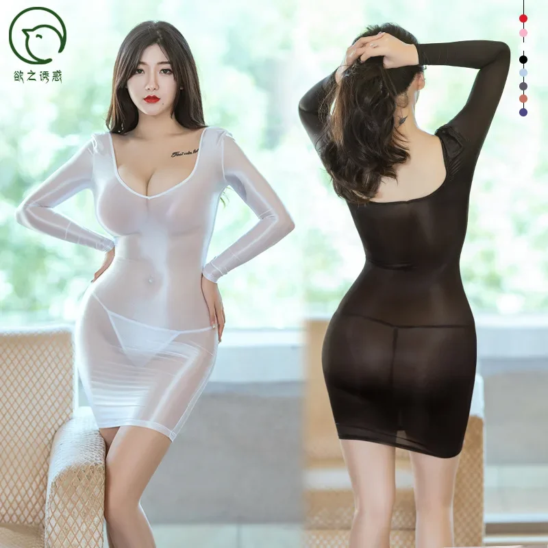 

Oil Gloosy See Through Exotic Dress Sexy Women High Elastic Shiny Mini Dress Long Sleeve V Neck Bodycon Dress Night Clubwear