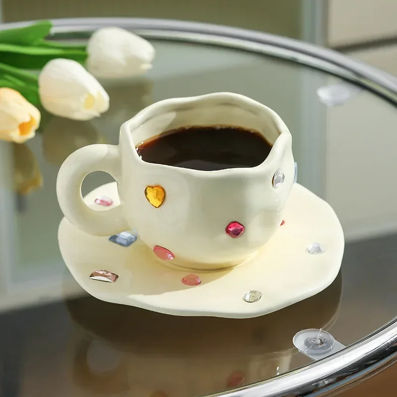 

380ml Luxury Gem Mug Household Cup Ceramic High Beauty Office Couple Cup With Ceramic Spoon For Home Or Party Use White