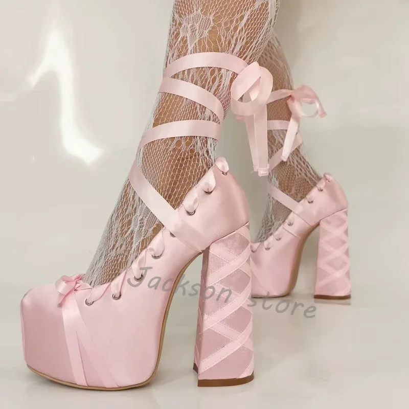 Chaussures de Ballet rose doux à bout rond et semelle épaisse, escarpins en soie à bretelles croisées, talons hauts épais pour femmes, escarpins élégants Lolita pour fête