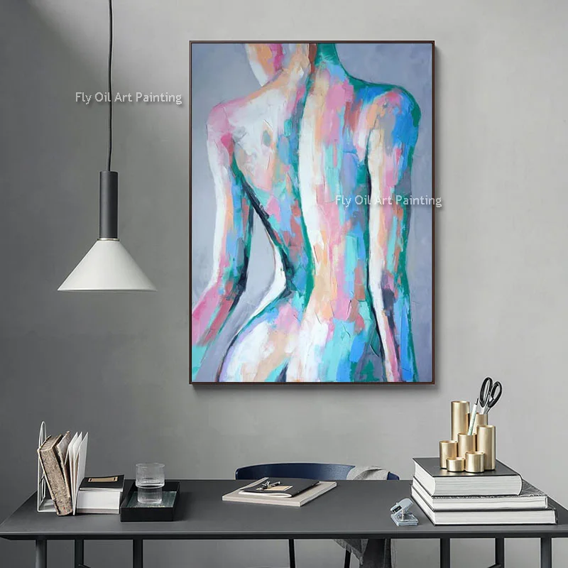 

New Design Original Handmade Black And White Naked Woman Thick Oil Painting Abstract Brown Blue Sexy Woman Back Canvas Artwork