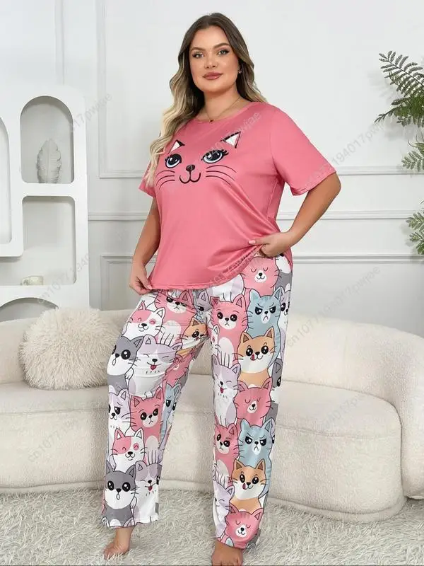 【พลัสไซส์】 ชุดนอนเสื้อยืดพิมพ์ลายแมวและกางเกงเอวยางยืด ชุดลำลอง เสื้อยืดแขนสั้นคอกลมใส่สบายและกางเกงขายาว ชุดนอนผู้หญิง