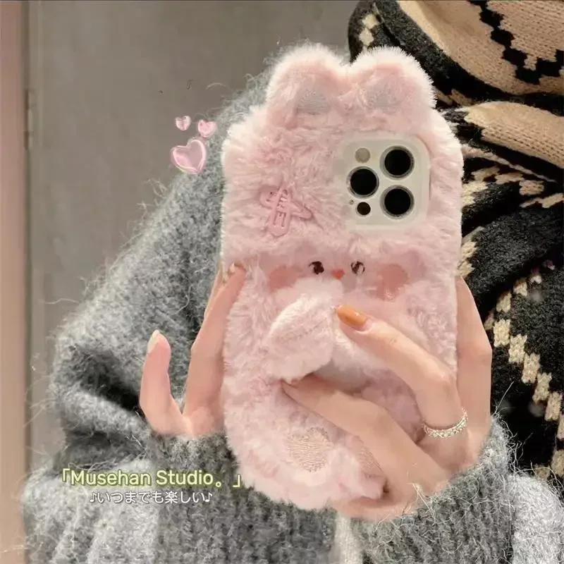 Pink Rabbit Suitable for   Phone Case   Soft Plush Phone Case For iPhone 11 12 13 14 15Pro Max mini Plus 3D Furry Fur Back Cover