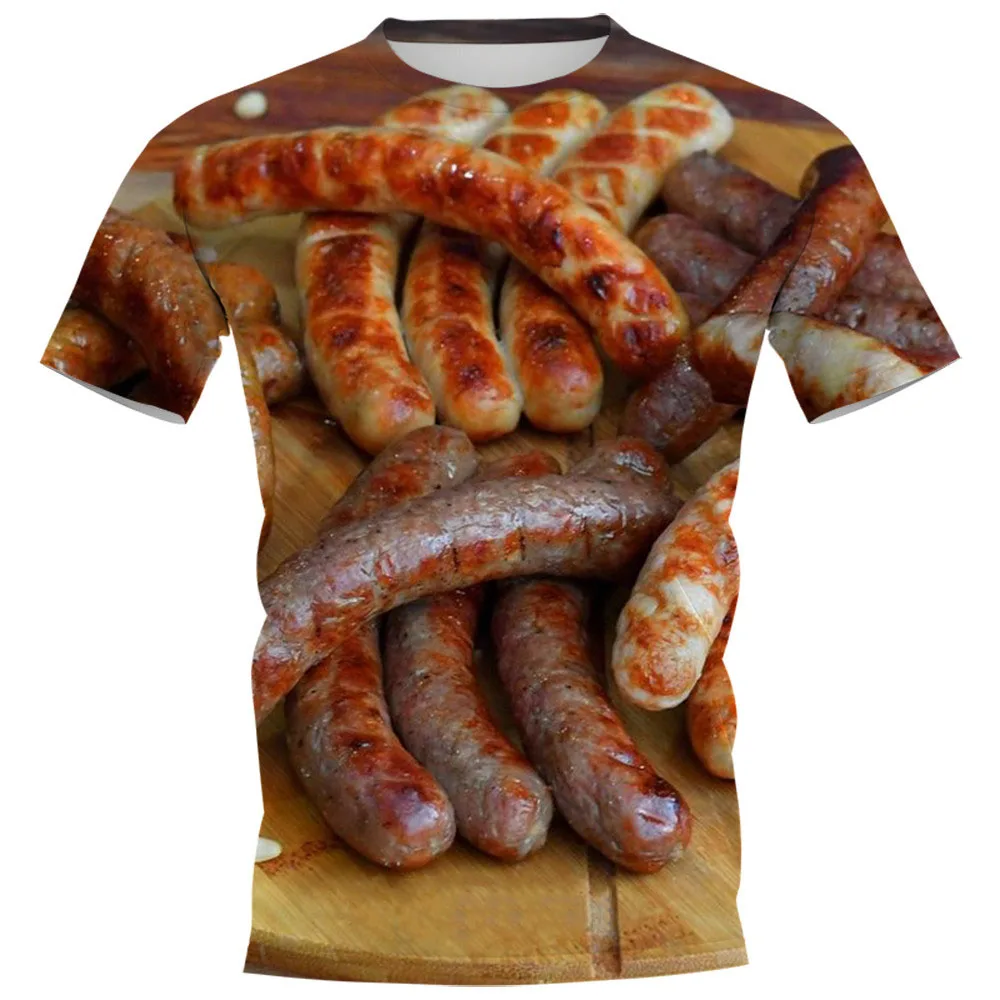 Camisetas divertidas con estampado 3D de comida de salchicha para hombres y mujeres, camiseta informal de manga corta con cuello redondo, camisetas Harajuku Y2k de gran tamaño, ropa para niños