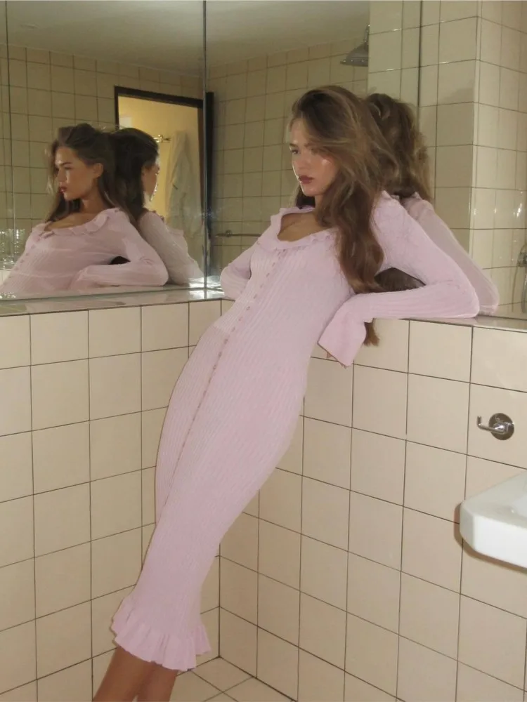 Robe plissée tricotée rose pour femmes, Chic, élégante, bord à volants, simple boutonnage, manches longues, Slim, mi-longue, nouvelle collection automne 2025