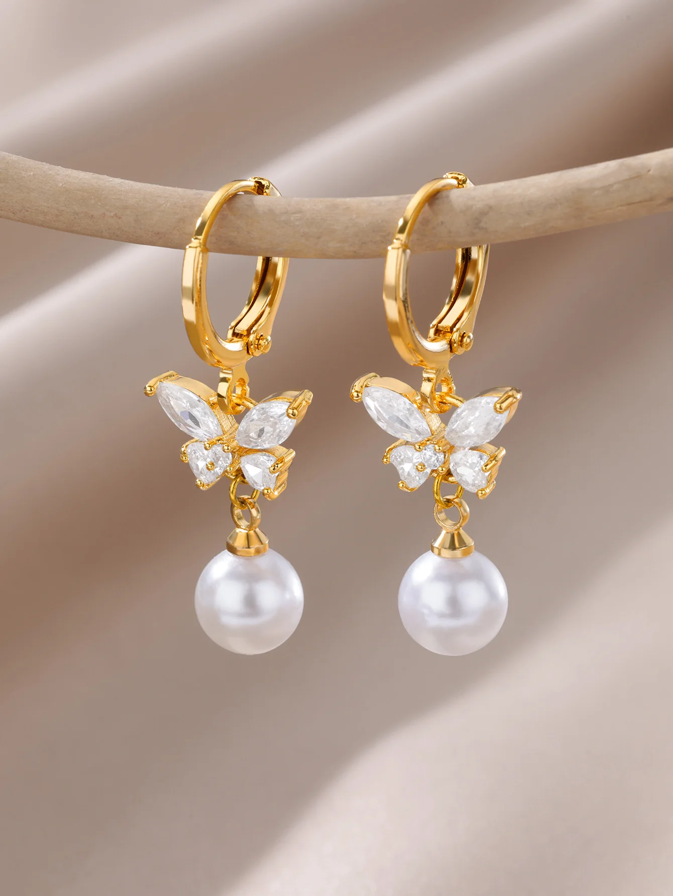 Zircon Butterfly Faux pearl Earrings For Women Stainless Steel Gold Color Dangle Earrings Luxury Ear Jewelry Gift pendientes