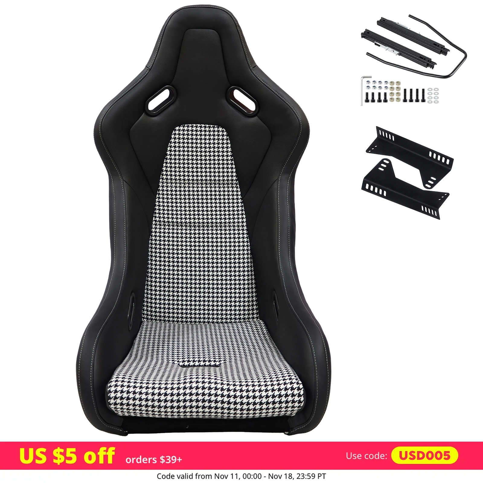 1 PC Large Size Universal Bucket Seat, Strong Fiberglass and PVC Leather Racing Seats, W/Side Mounting And Double Slider, Suitab