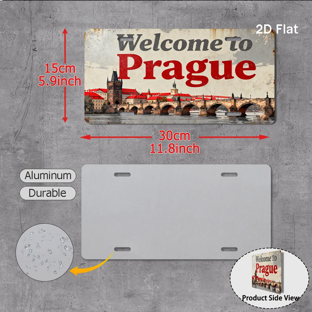 2D Flat, 1pc Prague Welcome Sign - Retro Czech Republic Charles Bridge & Old Town Wall Art, 11.8