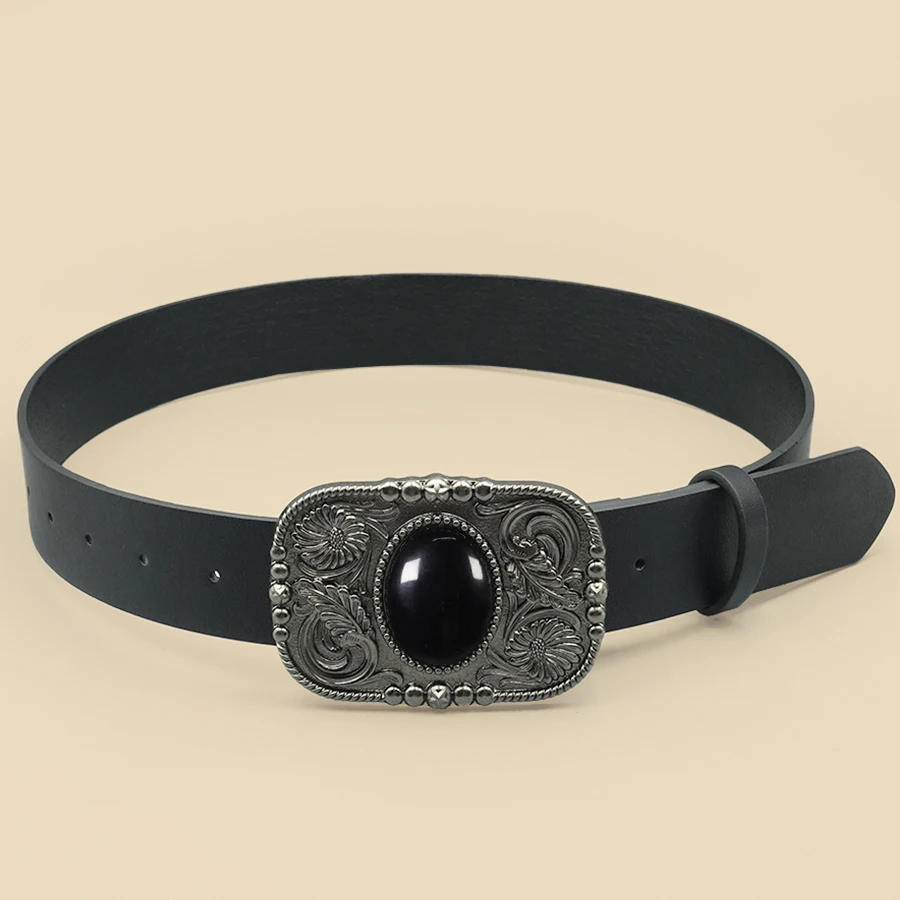 

Женский ремень с инкрустацией черной бирюзой в стиле ретро, джинсовый стиль в западном стиле, нишевый женский ремень, резной черный пояс с драгоценными камнями