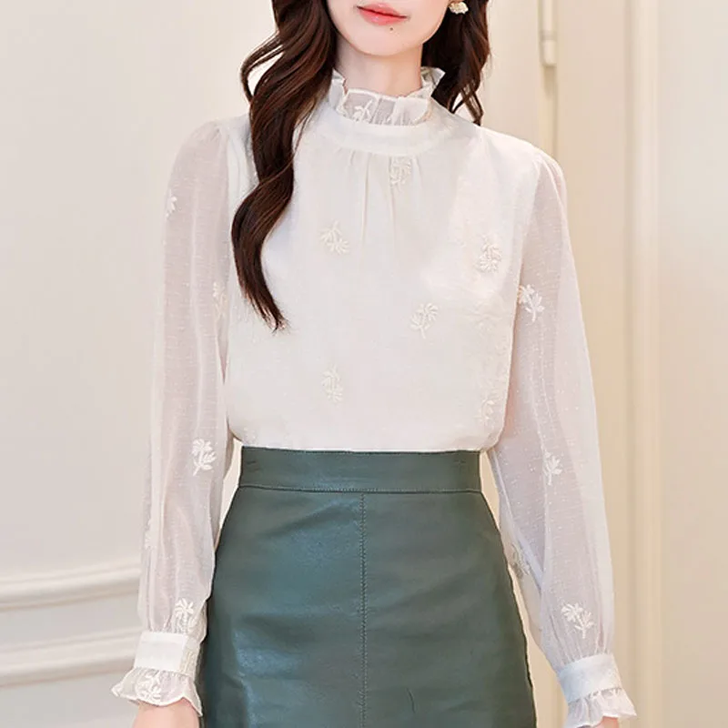 

Women Blouse Shirt New Long Sleeve Ruffled Collar Elegant Embroidery Blouse Shirt Women Tops Blouses Shirts Blusas Camisas Q770