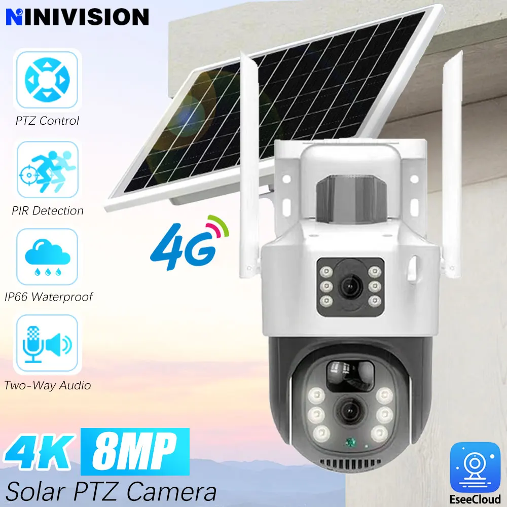 

4K 8MP Dual Lens Solar 4G SIM Card PTZ Camera Battery Low Powered IP Camara PIR Motion Detect External CCTV Video Surveillence