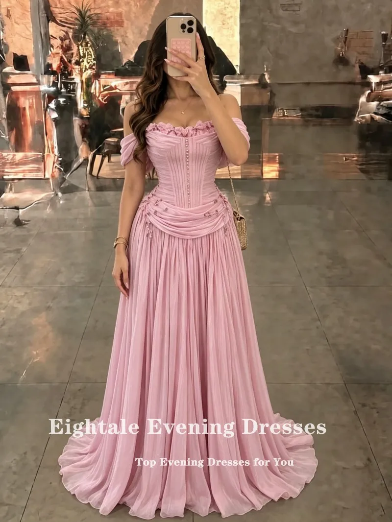 Eightale Arabic Evening Dress Customized Chiffon Off the Shoulder A-Line Floor Length 3D FlowerProm Wedding Party Gown