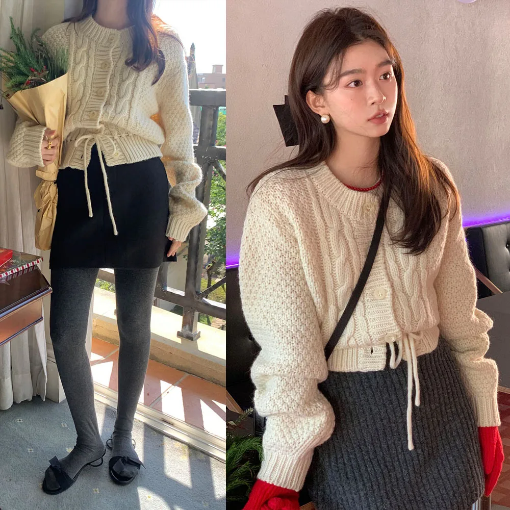 

Thi Warm Knitted Open Cardigan Sweater Loose Fit Rope Waist Dstring Design Cotton Long Sve round Ne Color