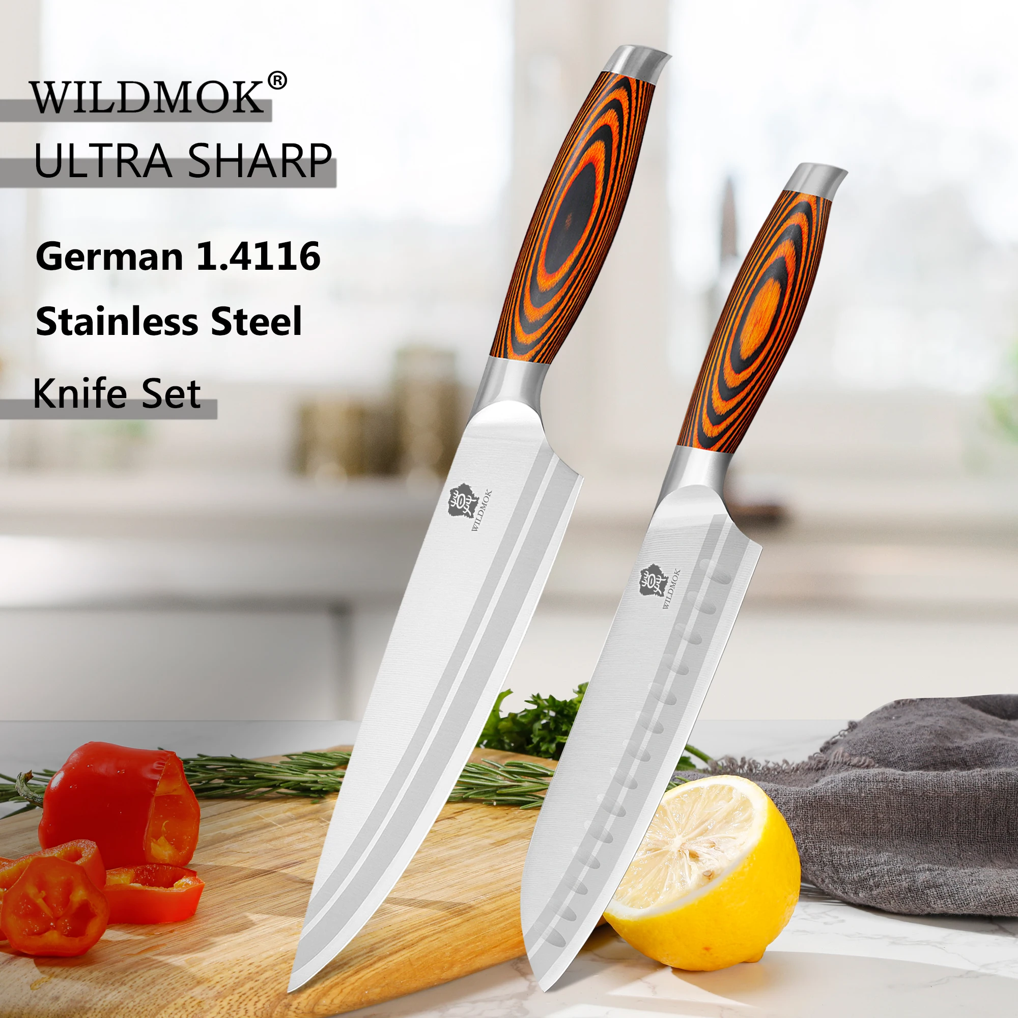 

WILDMOK Kitchen Knife Set 2 Pcs ,Chef Santoku Kitchen Knife Chef's Cooking Tools German 1.4116 Steel with Pakkawood Handle