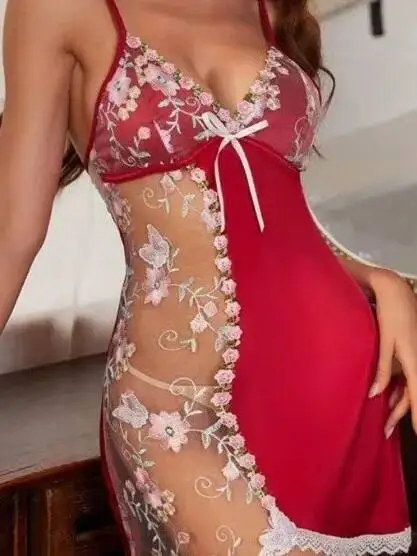 新しいセクシーなホームストラップナイトドレス花刺繍レースシアートリムストラップナイトドレスセクシーな背中の開いたディープVノースリーブドレスYHD2