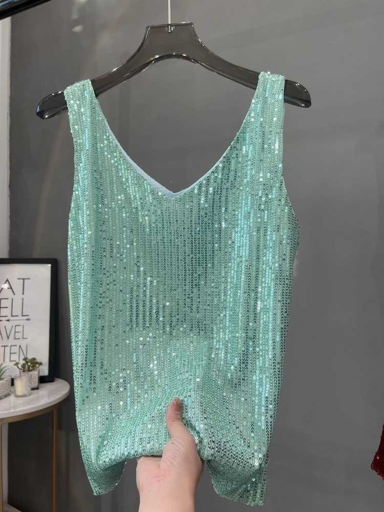 2024 New European and American Sequined V-neck Vest Worn Inside A Suit Bottoming Shirt and Worn Outside A Sparkling Top