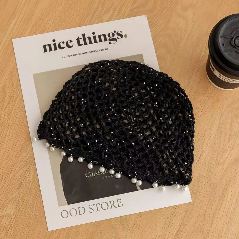Fashion Hollowed Out Woven Pullover Hats Crochet Breathable Beret Cap Pearl Fringed Retro Beanies Cap or Women Summer