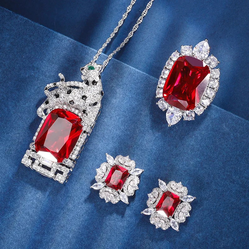 Jewelry European and American style simulated red corundum leopard luxury inlay set ring necklace & Earrings