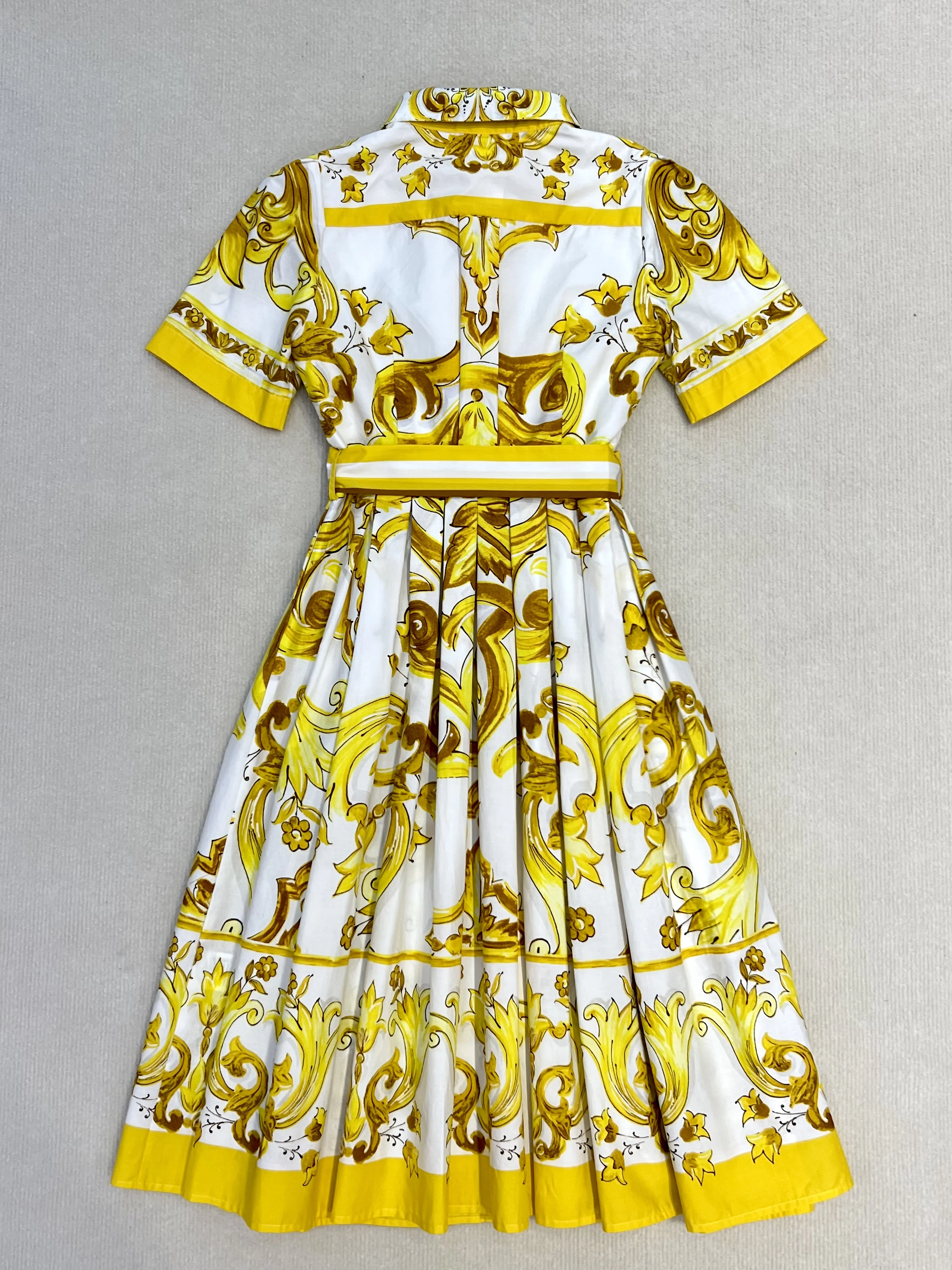 Boho Style Yellow Porcelain Dress, 100% Cotton, Button-up Belt, Short-Sleeved, Summer, 2024