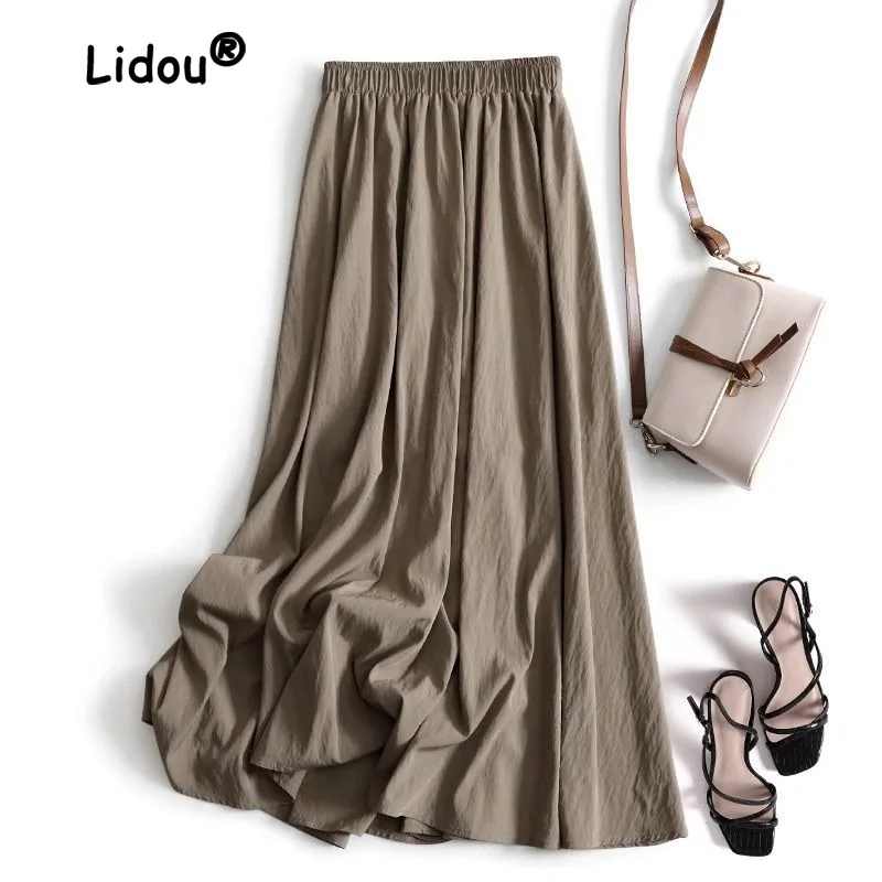 Fashion Solid Color Thin Ventilate A-word Swing Skirt Women High Waist Loose Cool Feeling Silky Smoothness Pleated Lady Shirt