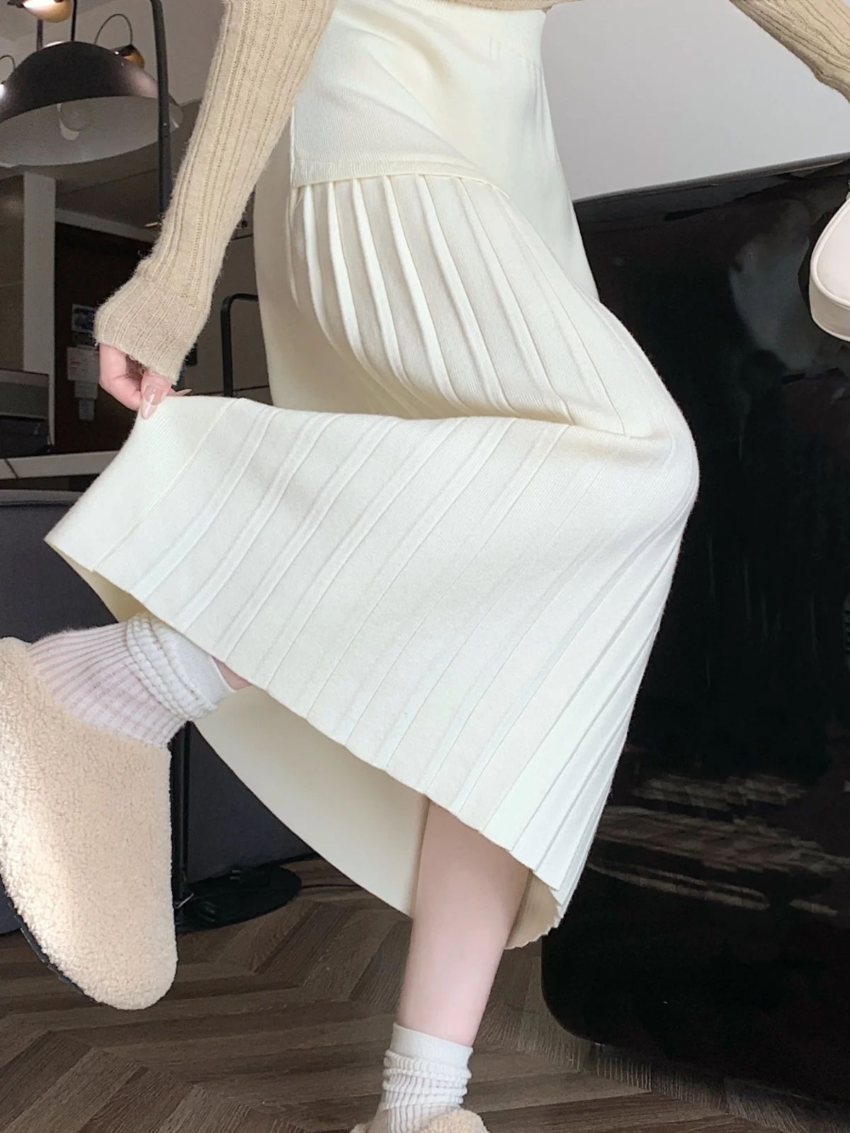 화이트 니트 A라인 스커트 여성용 하이웨이스트 슬림핏 봄 패션 캐주얼 하이웨이스트 폴리에스터 혼방 롱 스커트