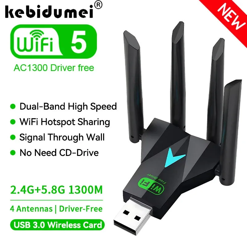 2.4G + 5Ghz 1300Mbps 4 هوائي واي فاي USB محول ثنائي النطاق واي فاي دونغل USB3.0 عالية السرعة استقبال البطاقة اللاسلكية للكمبيوتر/الكمبيوتر المحمول Win