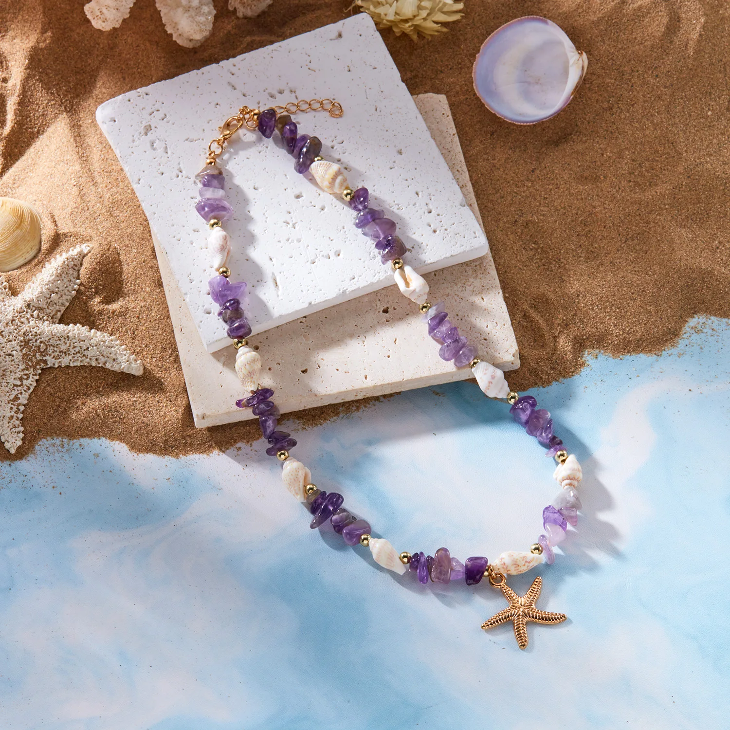Boho Muschel Rosa Stein Choker Halskette für Frauen Goldfarben Seestern-Anhänger Strand-Schmuck für Sommerurlaub Y2K Ästhetisches Geschenk – Detail 5