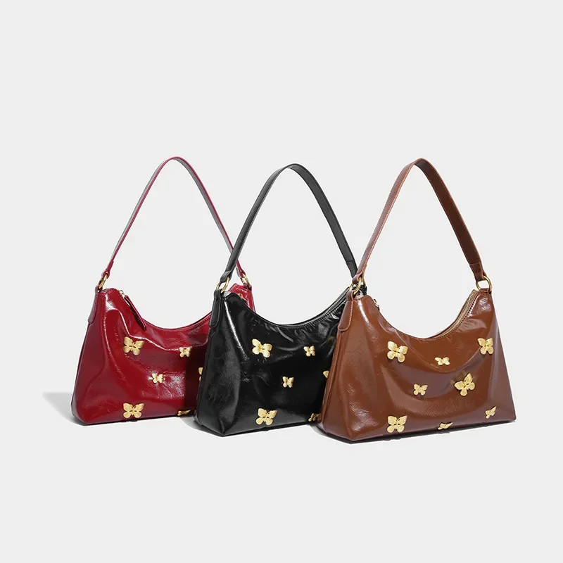 

Niche Large Capacity Totes for Women Vintage Butterfly Popular Red Ladies Lunch Handbags Soft PU Leather Shoulder Bag Women