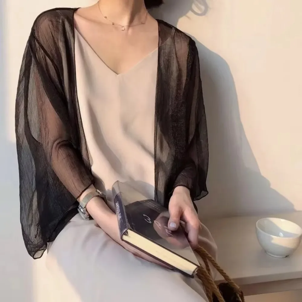 Summer Crinkle Women Cardigan Loose Chiffon Thin Section Top See Through Transparent Short Shawl Small Jacket view 5