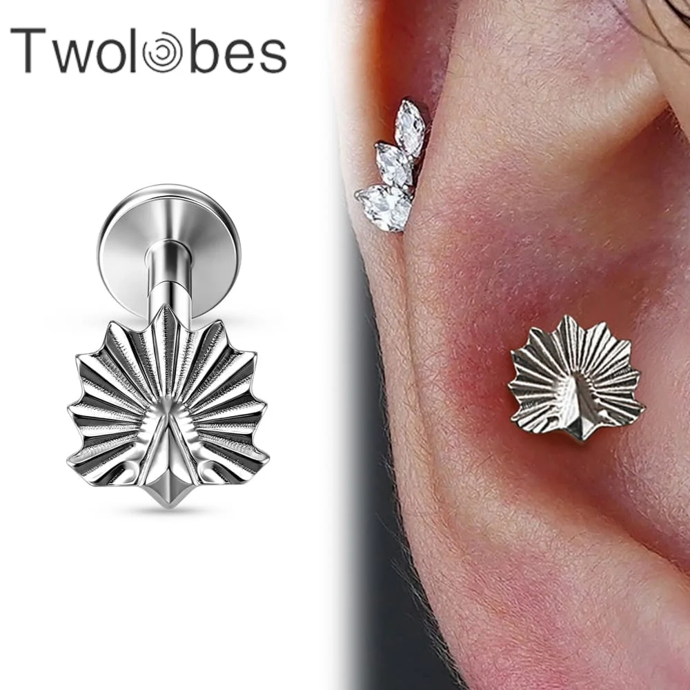 Twolobes 1PC Boho Sunburst Fan Labret 16G 18G ASTM F136 Titanium Internally Threaded Push-in Flat Back Stud Medusa Tragus Helix