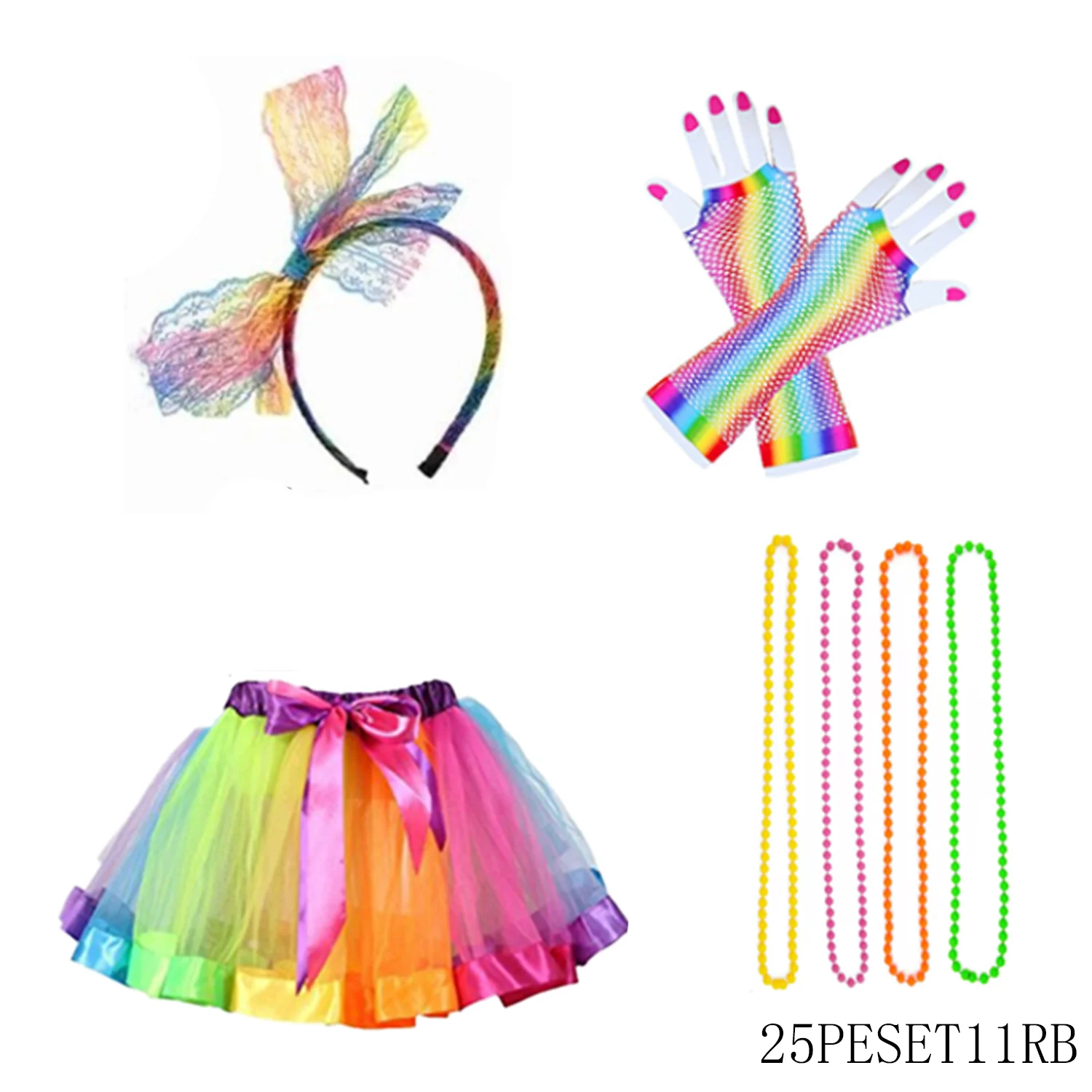 PESENAR's 1980s character costumes include headbands, gloves, short skirts, necklaces, etc