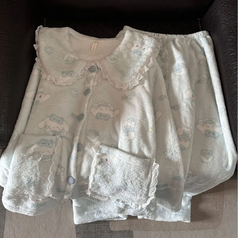 

Kawaii Cinnamoroll Coral Fleece Pajamas Anime Girl Cute Pajamas Winter Fleece-lined Thicken Long Sleeves Pants Homewear Suit New