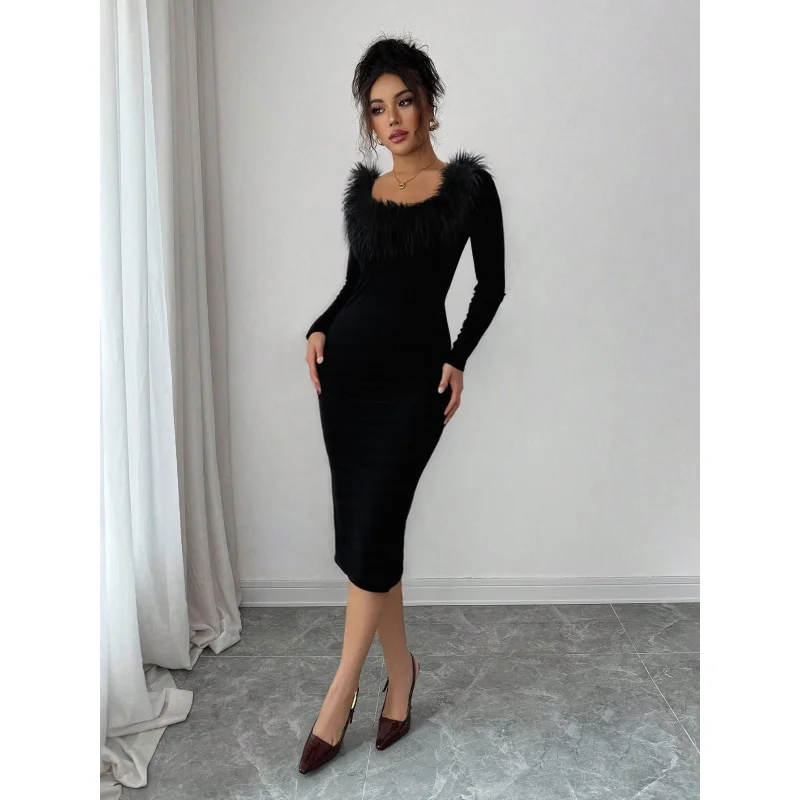 فستان YQ1-أسود بياقة قطيفة للنساء، فستان طويل بقصة ضيقة للخريف والشتاء مع فتحة جانبية، فستان سهرة أنيق