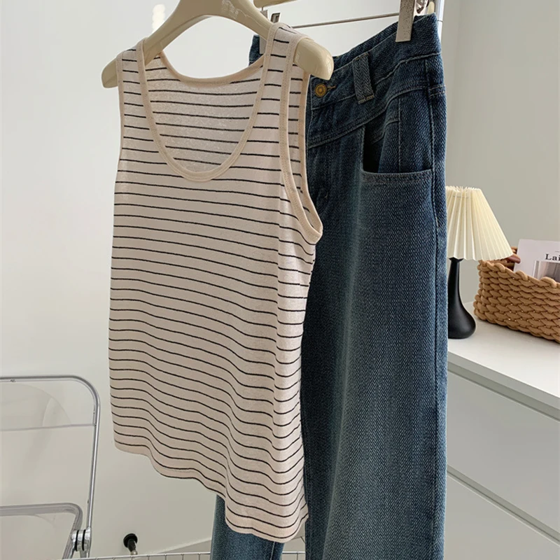 ผู้หญิงฤดูร้อนบางลาย U คอกว้างสายคล้องไหล่เสื้อกั๊ก Cool Breathable เกาหลีใหม่อเนกประสงค์ Contrast Slimming ผ้าลินิน Tank Top