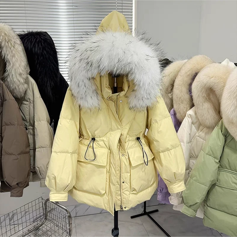 

Hot Sale Autumn And Winter New Down Jacket With Drawcord Waist Shrinking Slim High-Quality Large Fur Collar Hooded Warm Coat