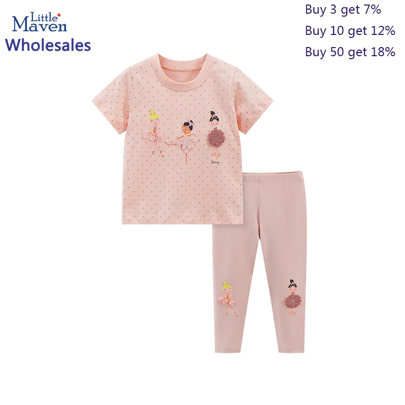 

Little maven Wholesale Girls 2024 Summer Set Tracksuit Kids Outfit Children 's Clothes Sets Cartoon Ballet Tops+Pants Cotton