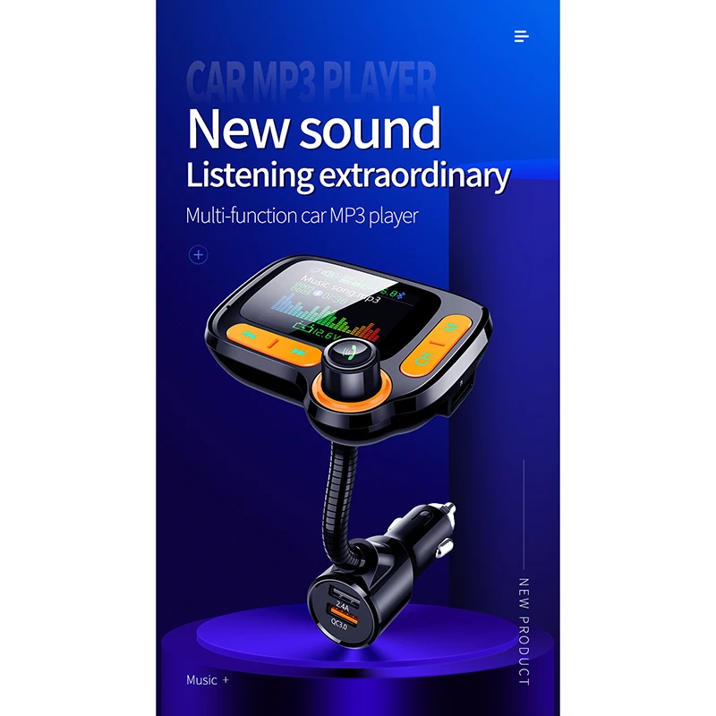 New Car Mp3 Player Color Screen Display Multi-Function Bluetooth FM Transmitter Handsfree Car Kit QC3.0 Fast Charge Radio Adapte