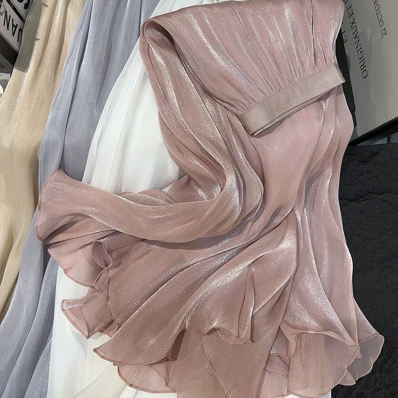 New Style Elegant Flowing Chiffon Umbrella Skirt Retro Summer High-End Streamer Feel Glitter High Waist A- Line Skirts