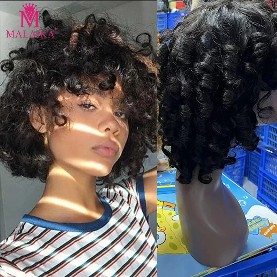 

Malaika Hair Super Double Drawn Wig Machine Made Wig Loose Wave Human Hair Wig Bangs Short Bob Human Hair Wigs For Black Women