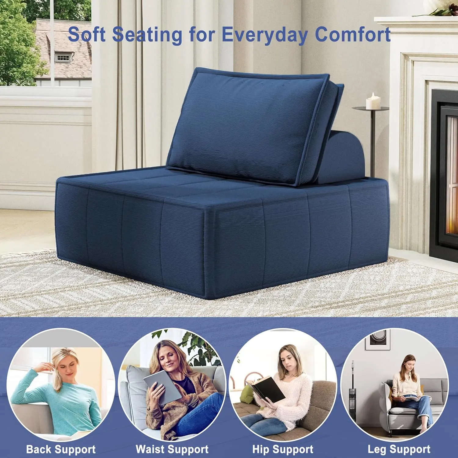Modular Sectional Sofa Sleeper, Adjustable Backrest, Corduroy Fabric, No Assembly, Blue for Small Spaces