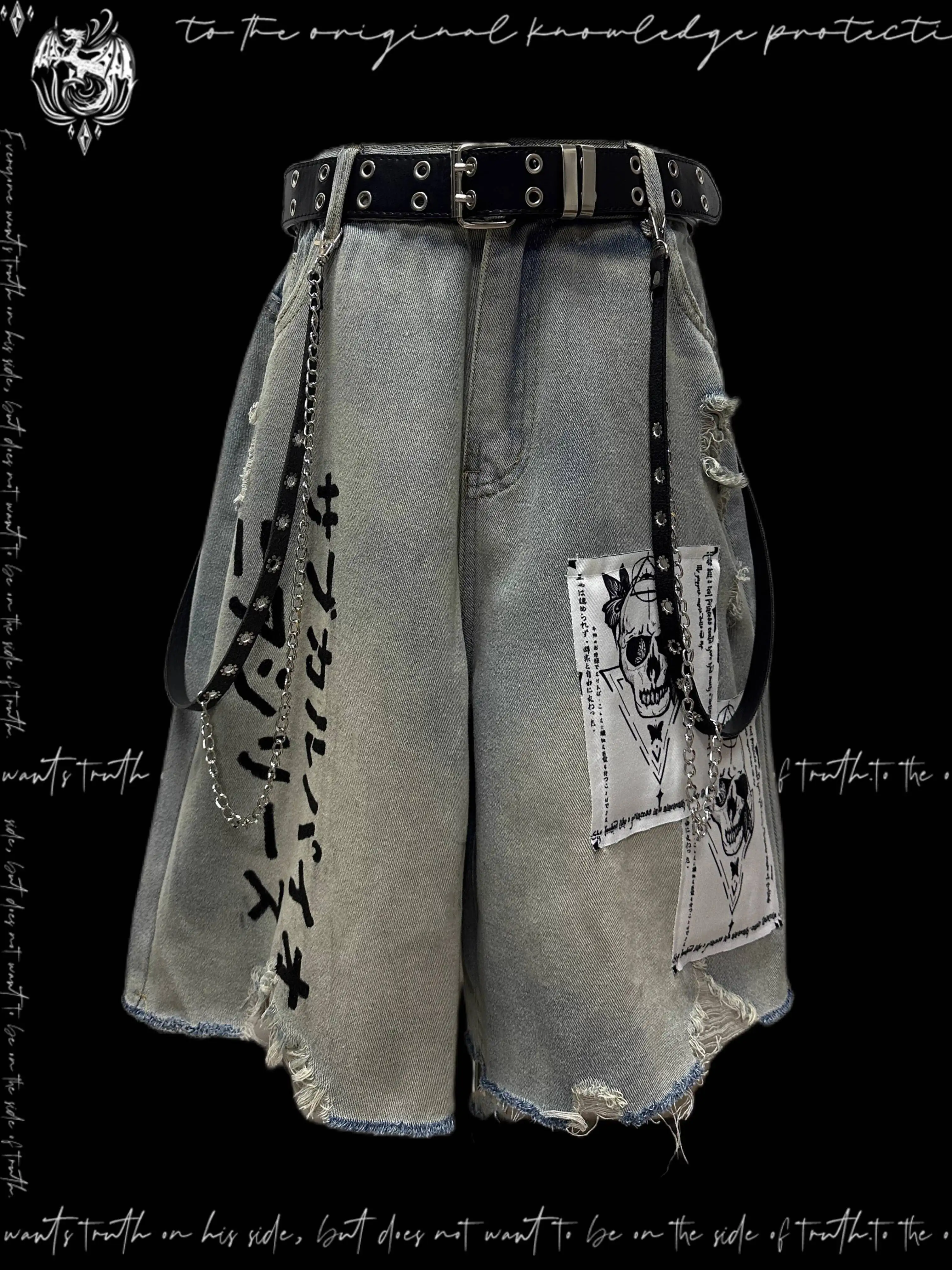 Gothic Punk Jeans Japanese MicroAsian Dark 5 Point Jeans Unisex Summer Distressed Patchwork Wide Leg Mid Length Pants