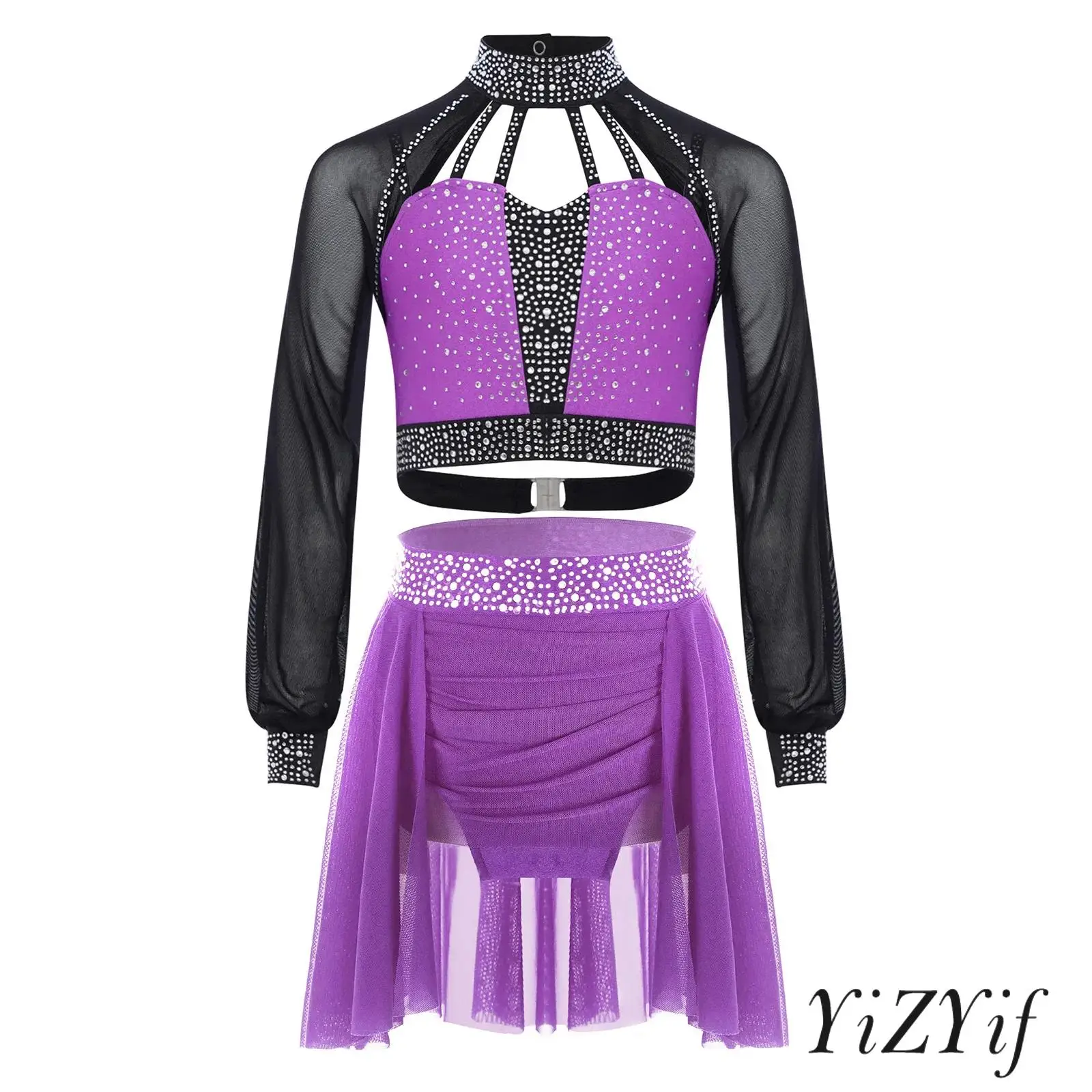 

2Pcs Kids Girl Figure Skating Dance Outfits Long Sleeves Cutout Back Crop Top with Ruched Irregular Skirt for Ballet Belly Dance