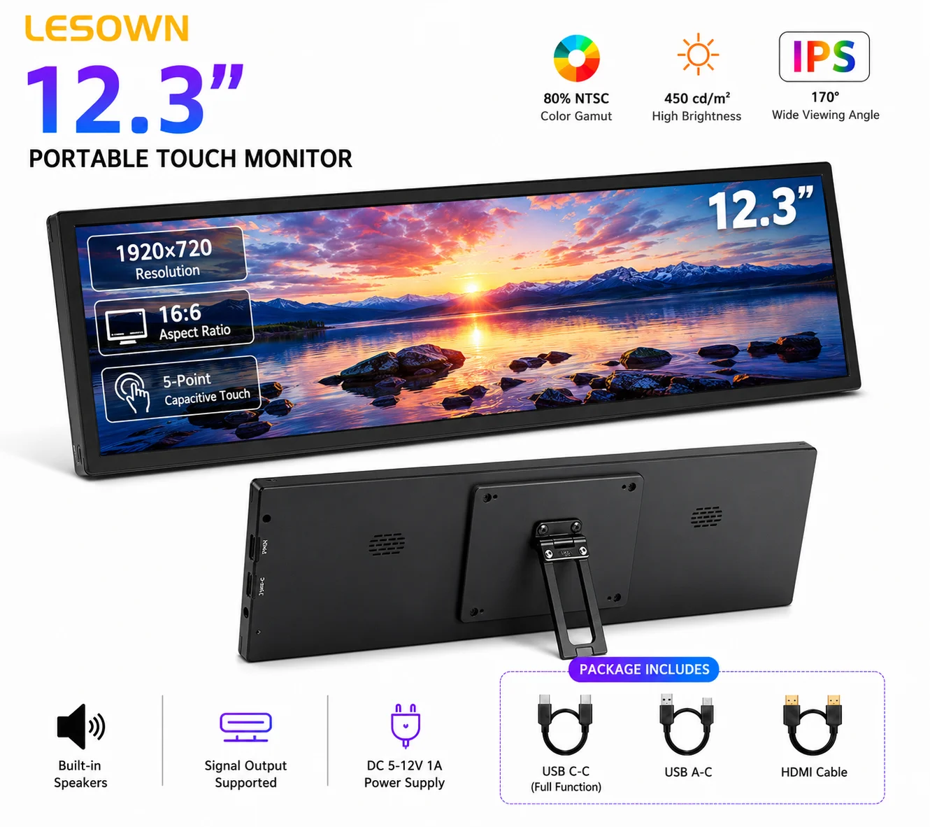 LESOWN 12.3 Inch Ultra-wide Portable Display 450cd/m2 High Contrast Travel Screen with Type-C for Business Travel