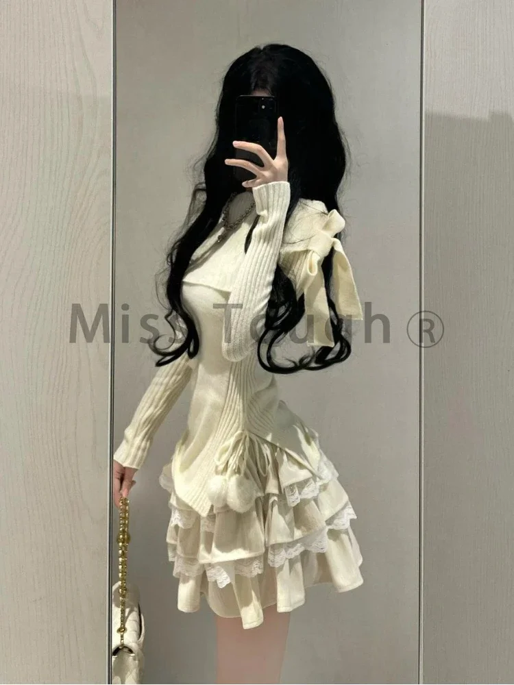 Winter Kawaii Sweet 2 Piece Set Woman Off Shoulder Bow Knitted Tops + Mini Cake Skirt Female Korean Fashion Casual Suit 2024 New