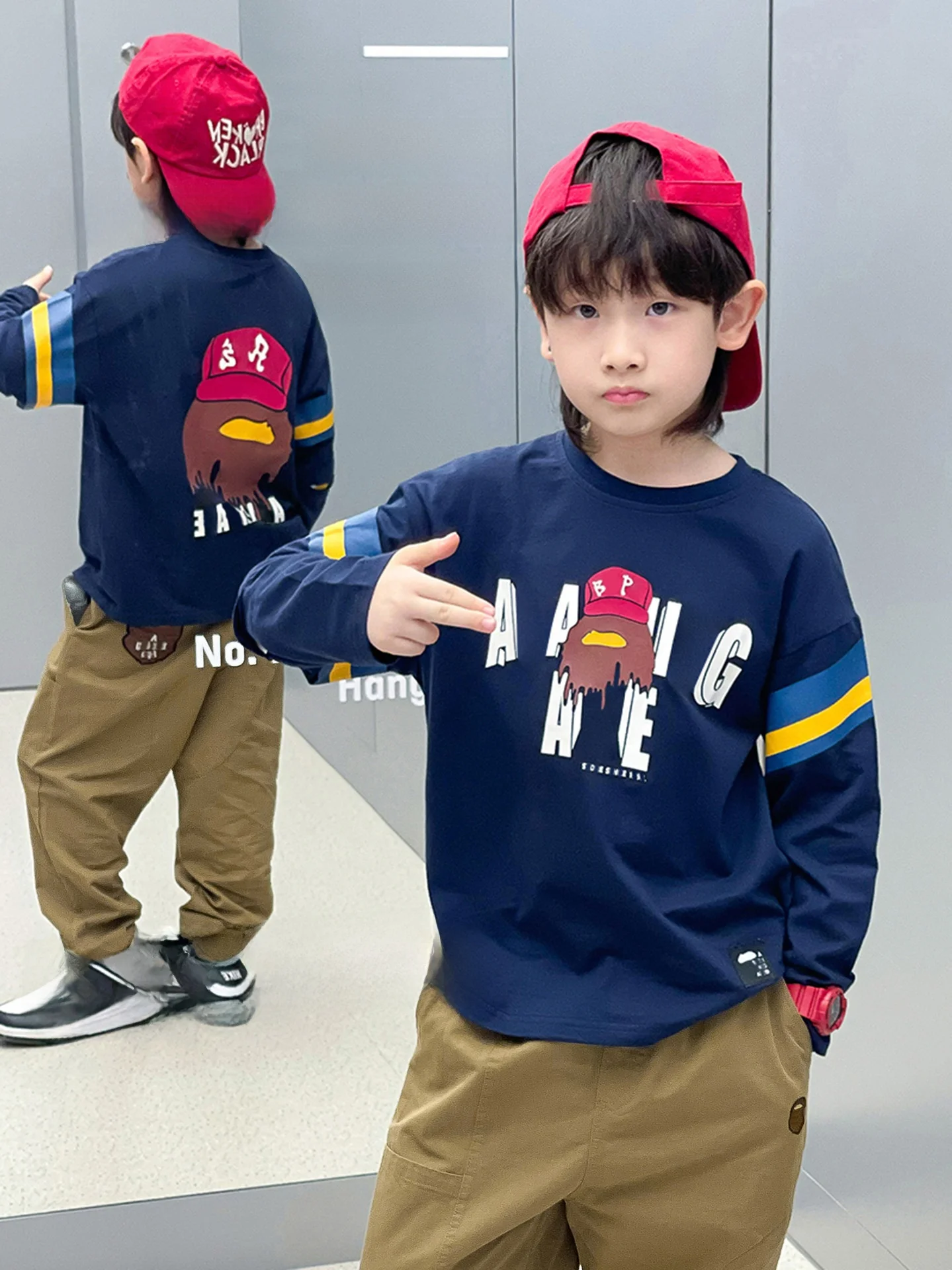 トレンディブランド-コットン漫画tシャツ-男の子用-カラーブロックコントラスト-ビッグレターベースシャツトップ-中学生・大童向け