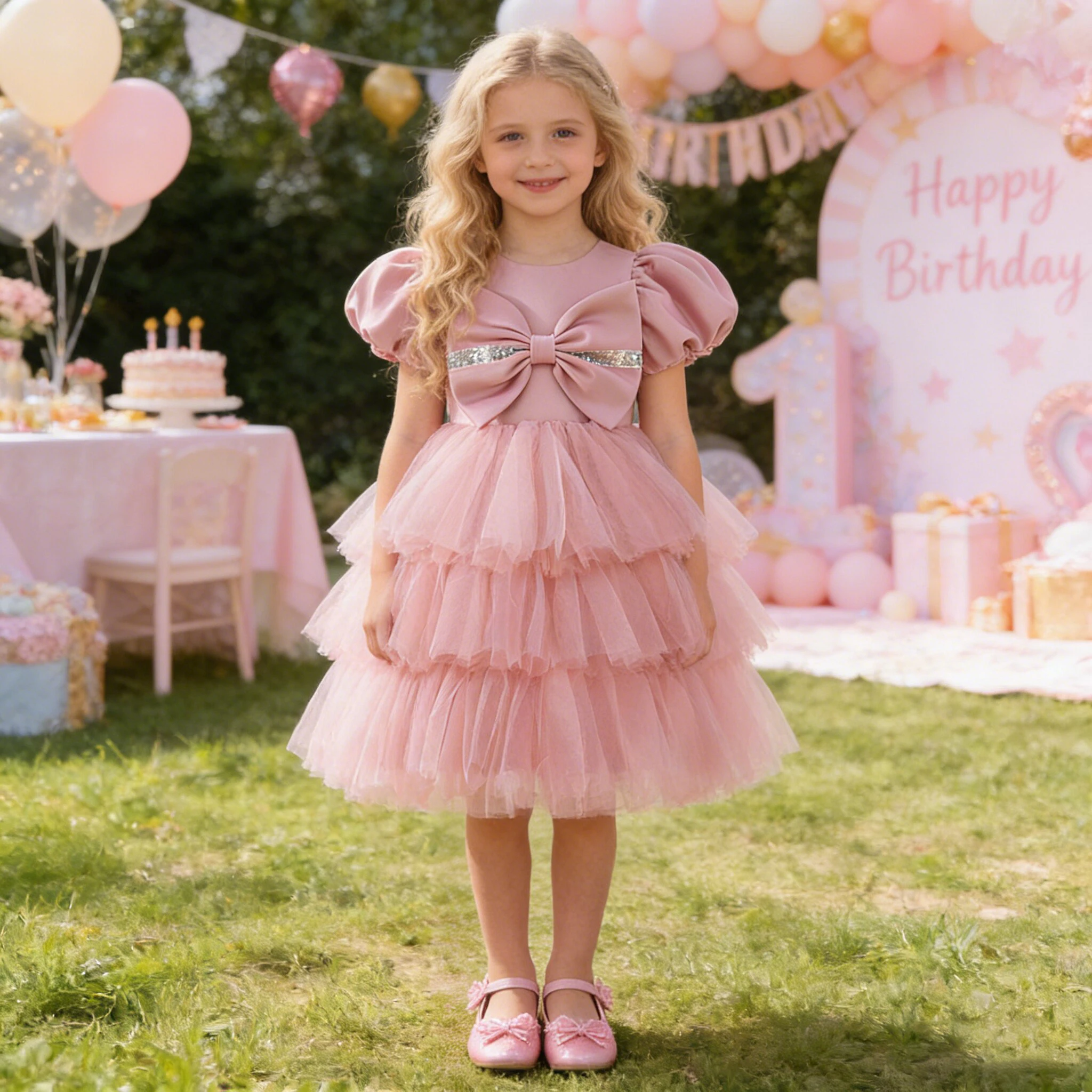 

Элегантное праздничное платье с большим бантом для девочек, пышные рукава, блестки, свадебные платья подружки невесты, платья принцессы для выпускного вечера, тюлевая одежда для девочек на день рождения, детская одежда