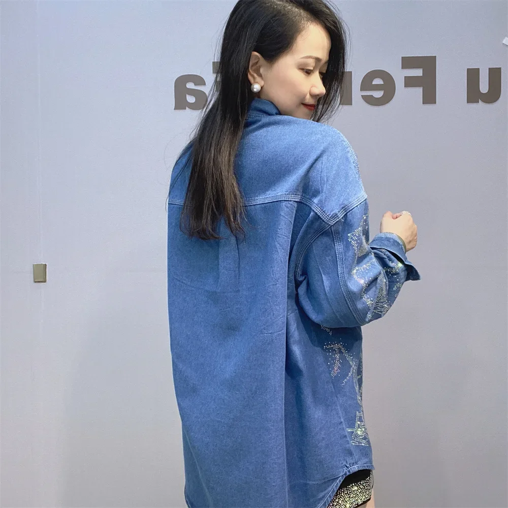 Blingbling Hot Drilling Women Denim Blouses 2024 New Autumn All-match Loose Cardigans Coat Casual Long Sleeve Jeans Shirts