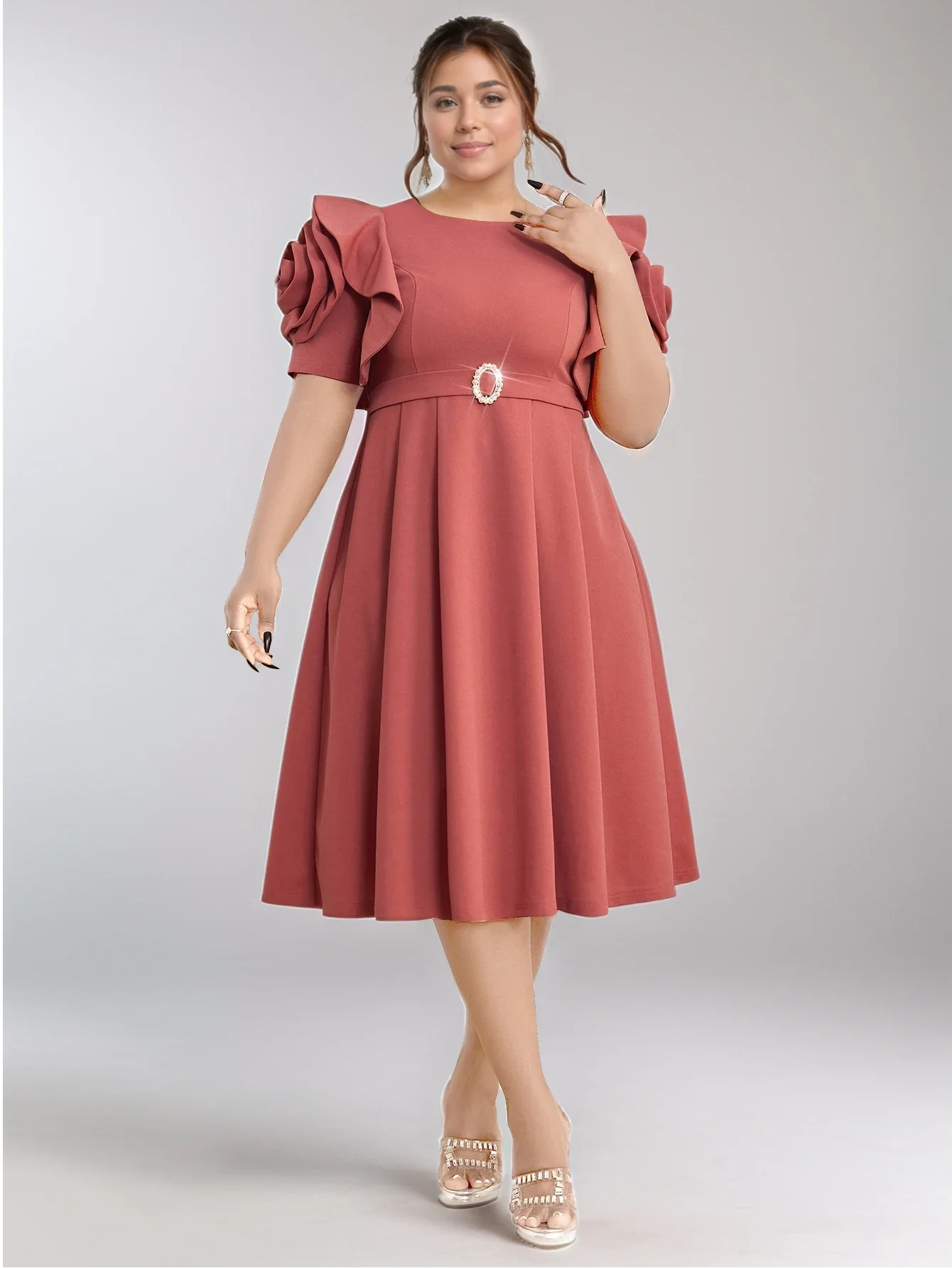 Classic Women A-Line Pleated Dress Luxury Rose Short Sleeve High Waist Belted Birthday Party Evening Date Out Gowns Plus Size